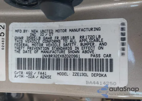 2008 Toyota Corolla Ce z USA, uszkodzony, nr VIN 1NXBR32EX8Z020961